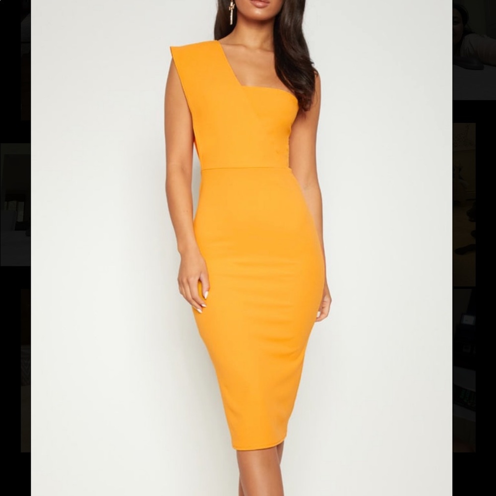 Yellow one sleeved wedding guest dress